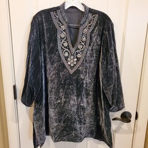 Beautiful Blue Velour Tunic w/Jeweled Neckline
